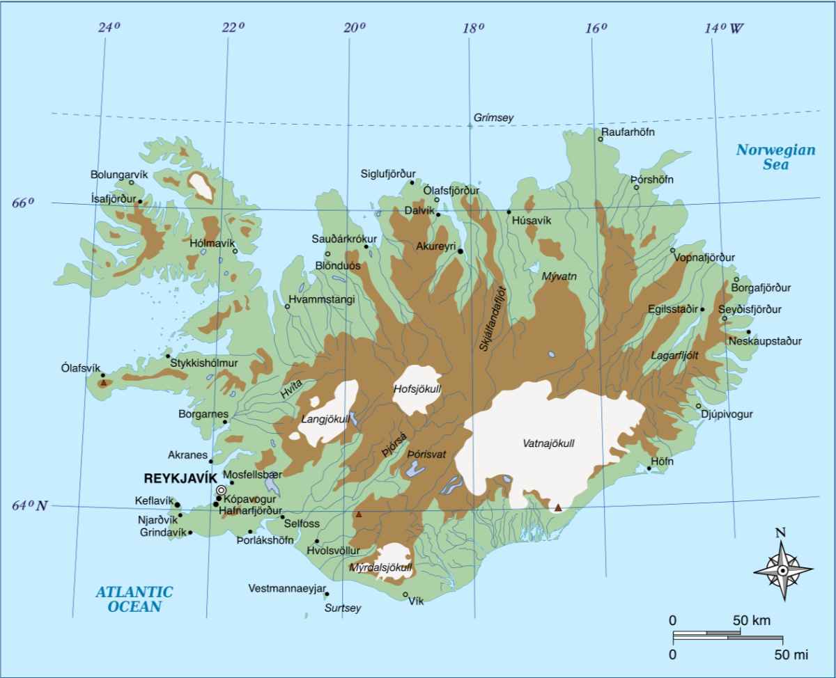 Highlands location within Iceland in brown Map of Iceland with the Highlands region in brown