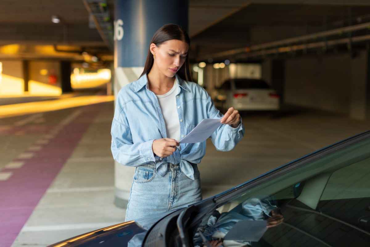 Woman standing in a parking garage reading a parking ticket beside her car