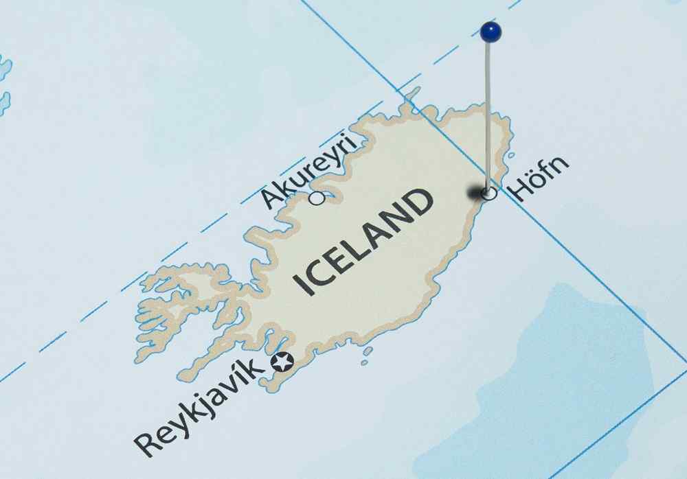 Iceland's Hofn Map of Iceland showing the locations of Reykjavík, Akureyri and Höfn, with a marker highlighting Höfn in southeast Iceland.