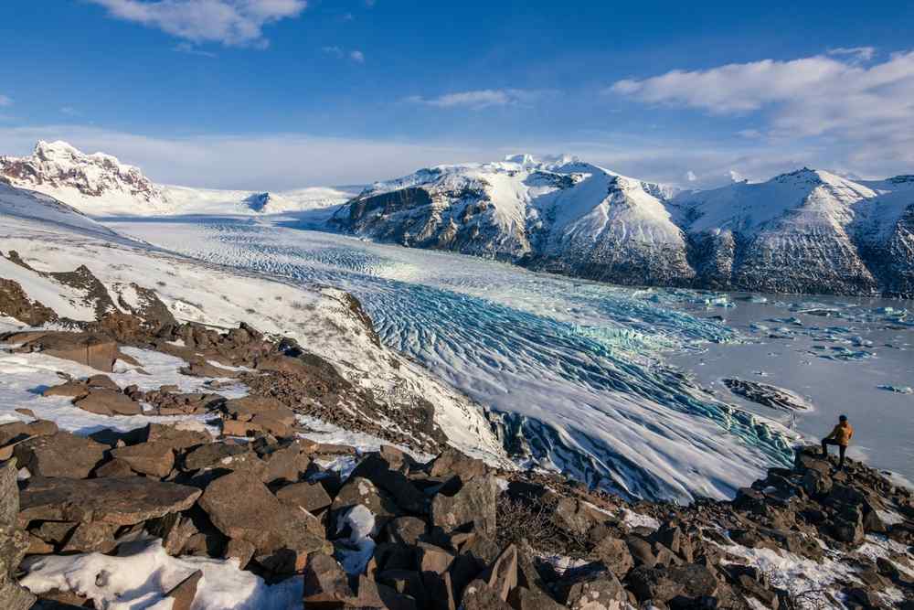 Skaftafell in Iceland Panoramic view of a vast glacier descending between snow-covered mountains near Skaftafell in southeast Iceland.
