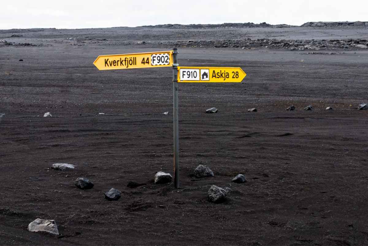 Iceland F-Overview of two directional traffic signs in the middle of Icelandic F-roads.