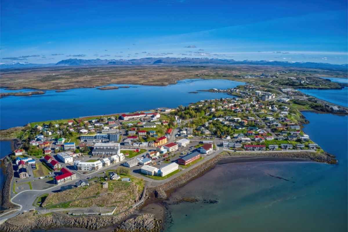 Drone view of Borgarnes in west Iceland