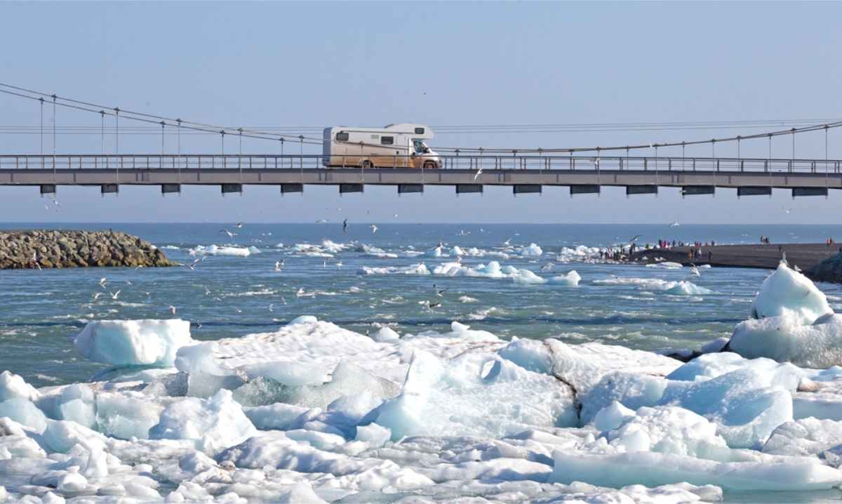 Motorhome crossing a bridge over diamond beach