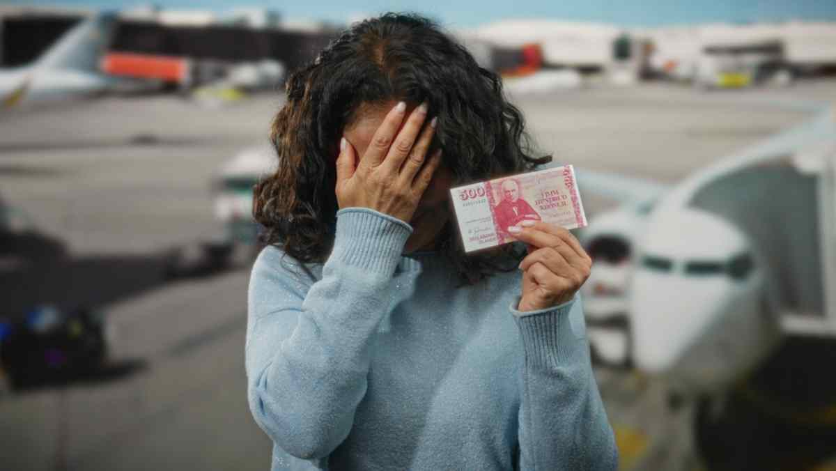 Frau hält am Flughafen eine Banknote der isländischen Krone und wirkt gestresst.