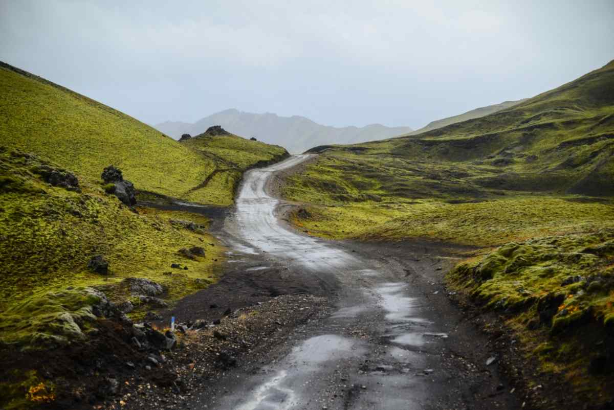 Schmale F-Straße aus Erde schlängelt sich durch moosbedeckte LAVAhügel im isländischen Hochland an einem Regentag; Spurrillen und Pfützen zeigen Bedingungen nur für 4x4.