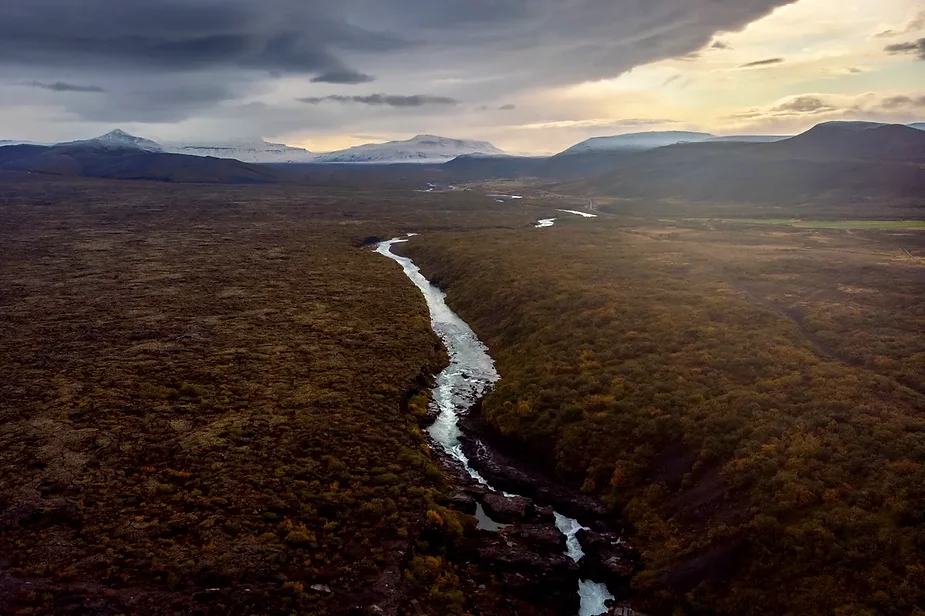 Aerial view of Hraunfossar waterfall in Iceland, with a river winding through a vast landscape of autumn foliage and distant snow-capped mountains under a dramatic sky