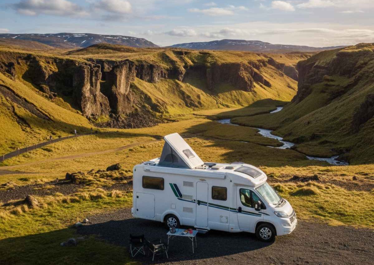 Autocaravana aparcada en un cámping autorizado del Círculo Dorado de Islandia.