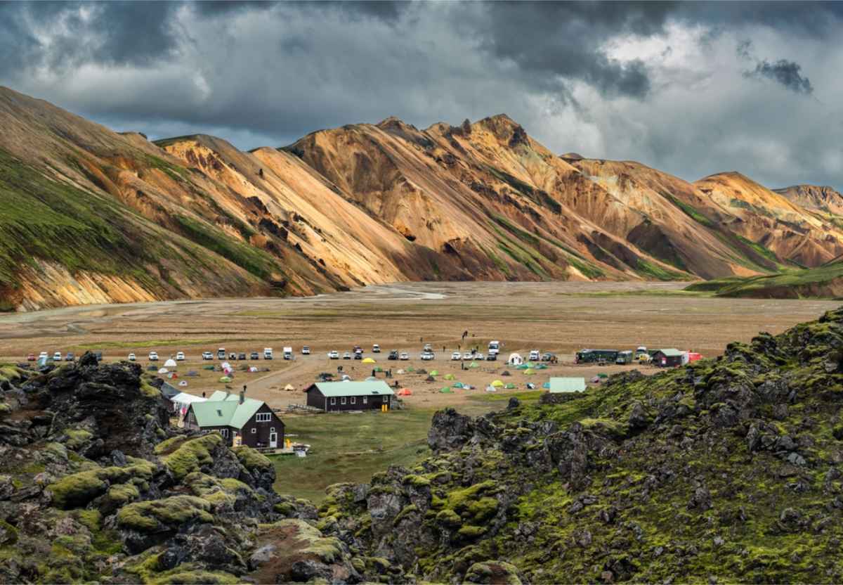 Vista aérea del camping y aparcamiento en Landmannalaugar