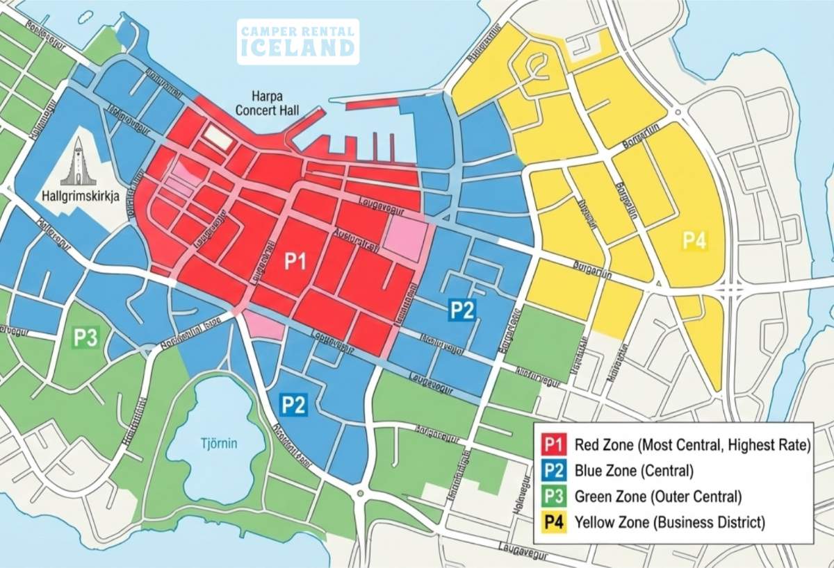 Mappa delle diverse aree di parcheggio di Reykjavik