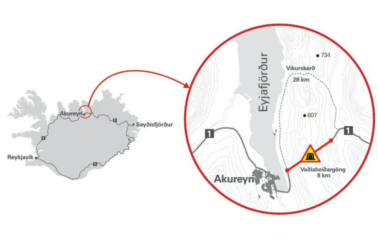 Posizione del tunnel di Va&eth;lahei&eth;i su una mappa dell&rsquo;Islanda